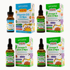 Apokra Kids Vitamin D3 Drops and Omega 3 DHA Drops bundle sugar free vegan kids vitamins product collection