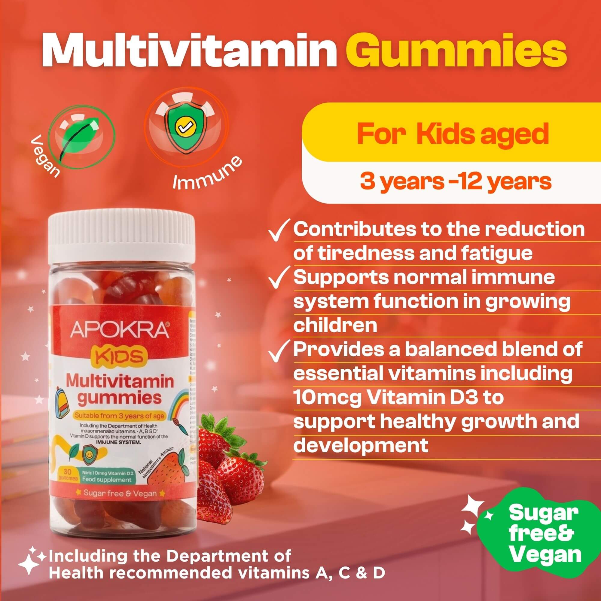 APOKRA Kids Vegan Multivitamin Gummies 3-Pack | Daily Vitamins A-C-D-E-B Complex | Natural Strawberry Flavour | 3-Month Supply