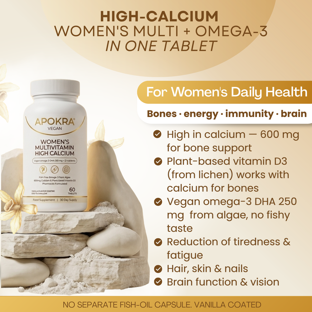 APOKRA VEGAN WOMEN'S MULTIVITAMIN HIGH CALCIUM + OMEGA 3 DHA TABLETS