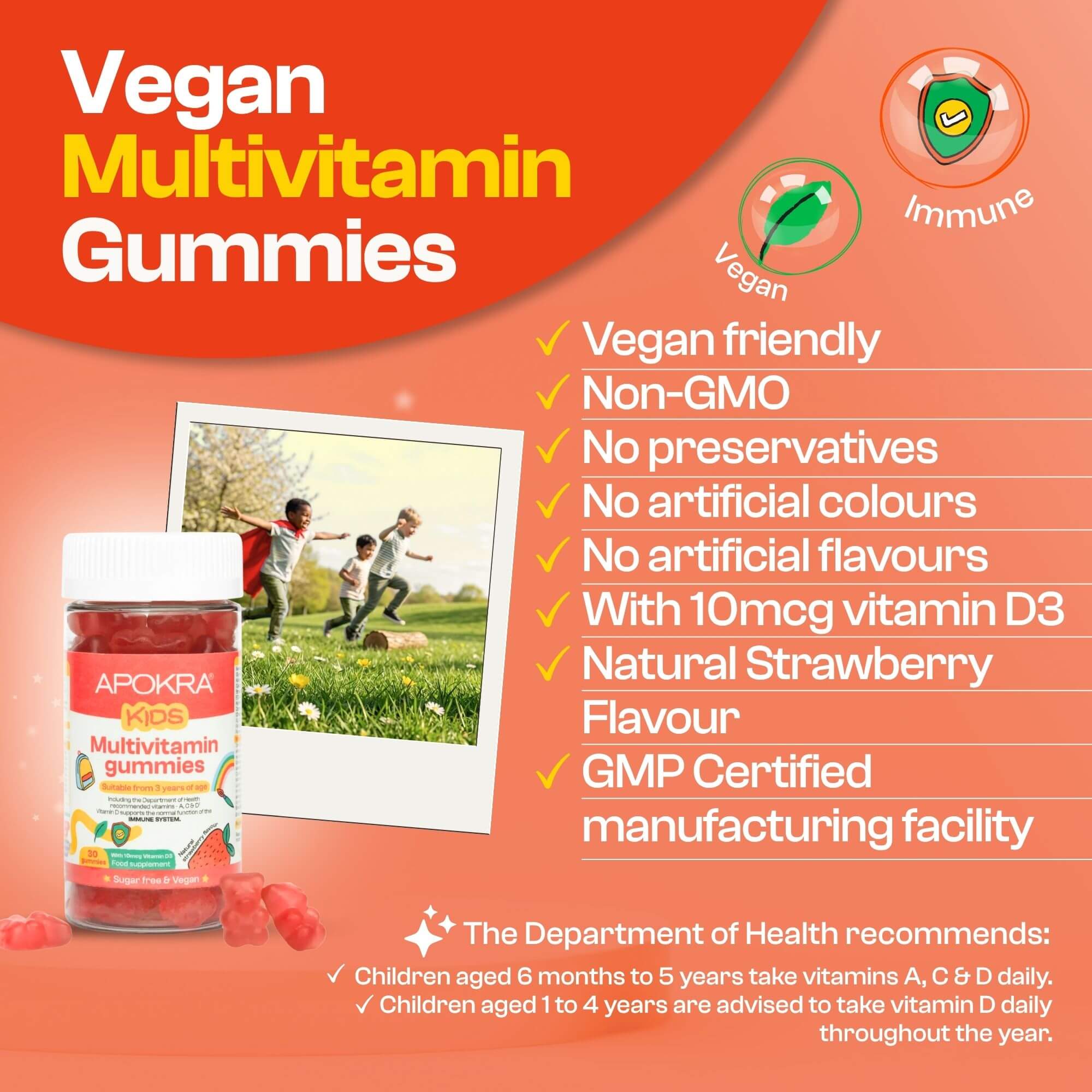 APOKRA Kids Vegan Multivitamin Gummies 3-Pack | Daily Vitamins A-C-D-E-B Complex | Natural Strawberry Flavour | 3-Month Supply