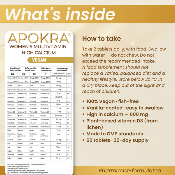 APOKRA VEGAN WOMEN'S MULTIVITAMIN HIGH CALCIUM + OMEGA 3 DHA TABLETS