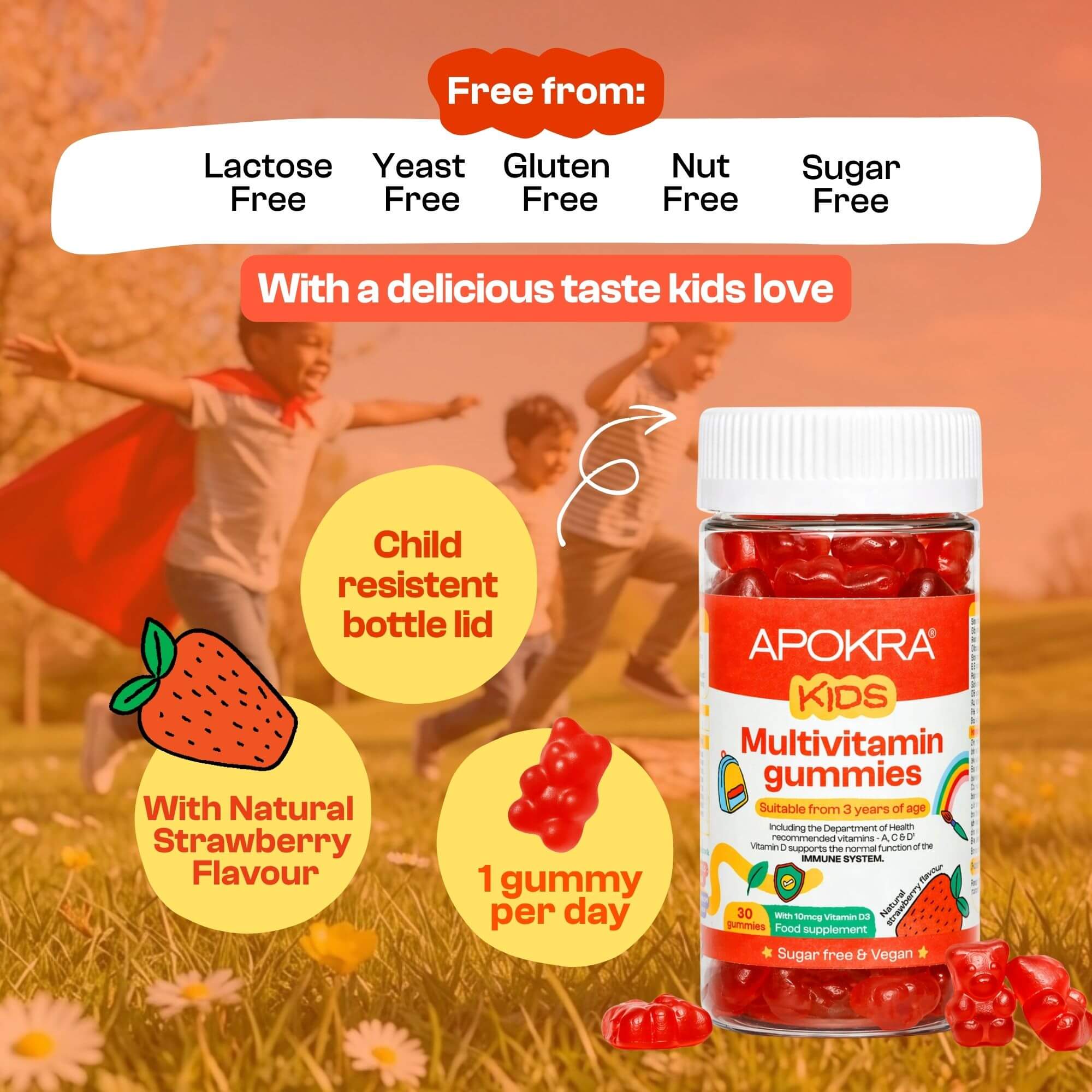 APOKRA Kids Vegan Multivitamin Gummies 3-Pack | Daily Vitamins A-C-D-E-B Complex | Natural Strawberry Flavour | 3-Month Supply