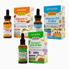 Apokra Kids Vitamin C Drops Vitamin D3 Drops and Omega 3 DHA Drops bundle sugar free and vegan kids supplement set