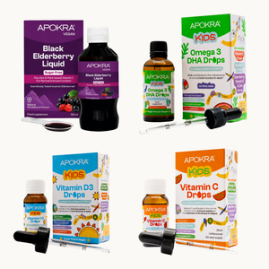 Apokra Family Essentials Bundle — Kids Vitamin D3, Vitamin C, Omega-3 & Elderberry