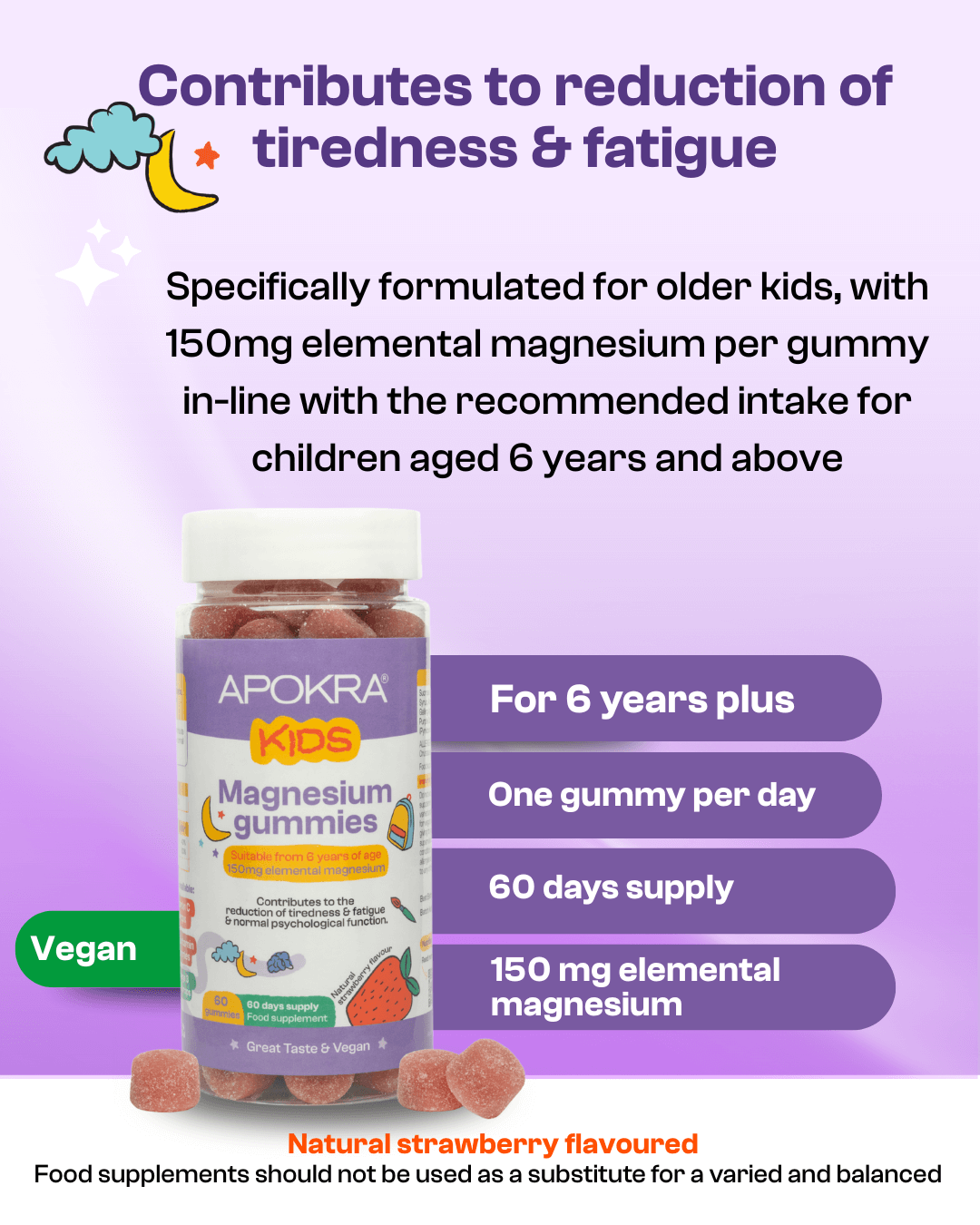 APOKRA Kids Magnesium Gummies 150 mg – For Ages 6+ | High-Strength Elemental Magnesium & Vitamin B6 | 60-Day Supply | Vegan