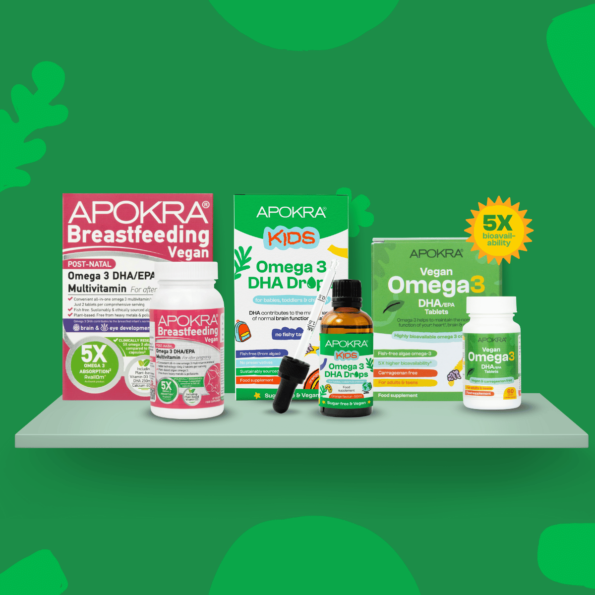 Apokra vegan omega-3 range – algae DHA drops for kids, algae omega-3 tablets for adults, and breastfeeding multivitamin