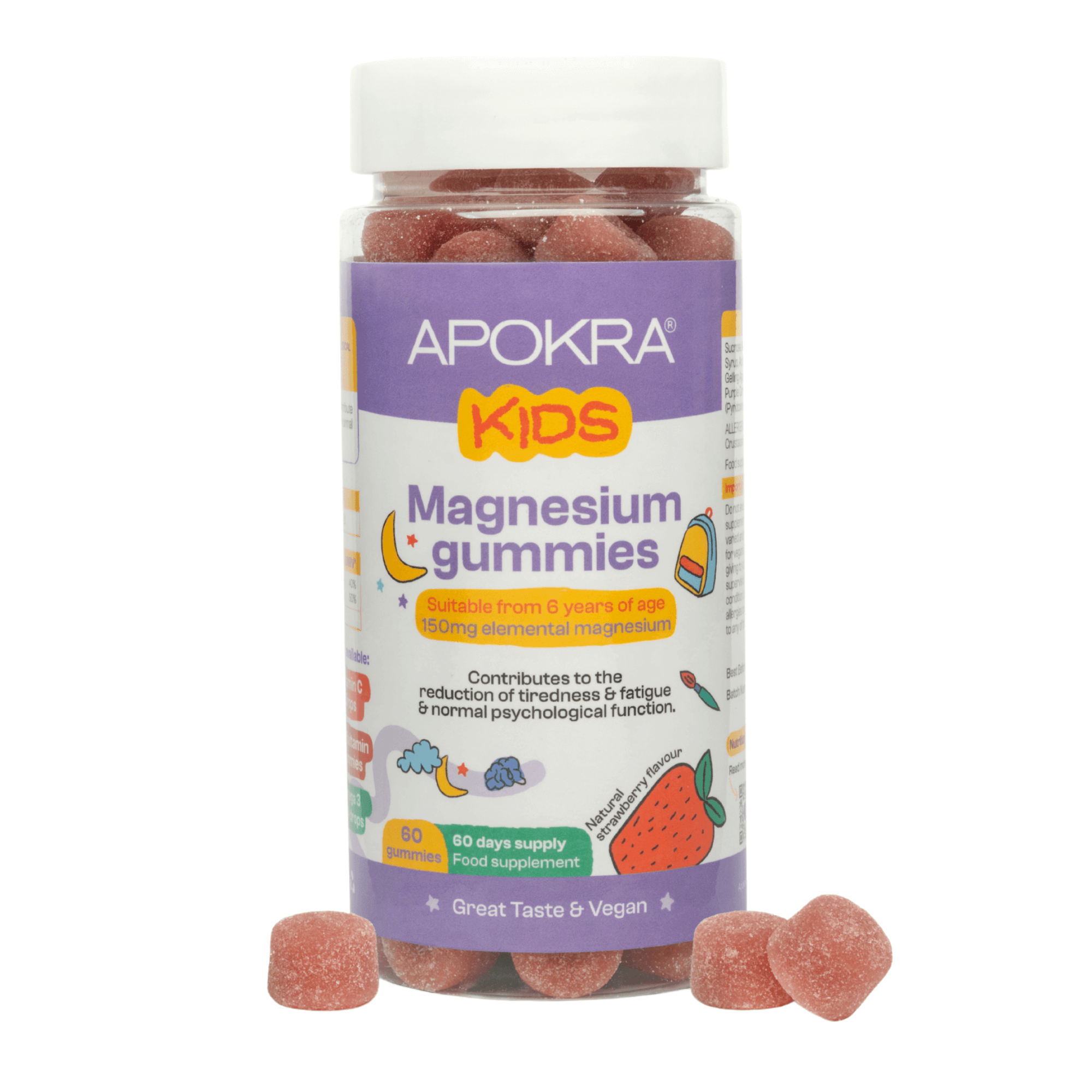 APOKRA Kids Magnesium Gummies 150 mg – For Ages 6+ | High-Strength Elemental Magnesium & Vitamin B6 | 60-Day Supply | Vegan