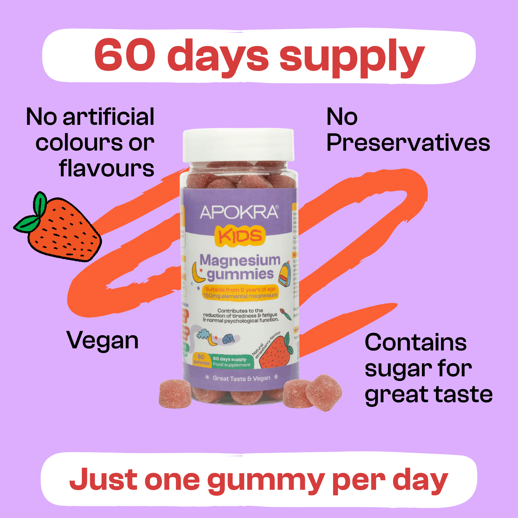 APOKRA Kids Magnesium Gummies 150 mg – For Ages 6+ | High-Strength Elemental Magnesium & Vitamin B6 | 60-Day Supply | Vegan