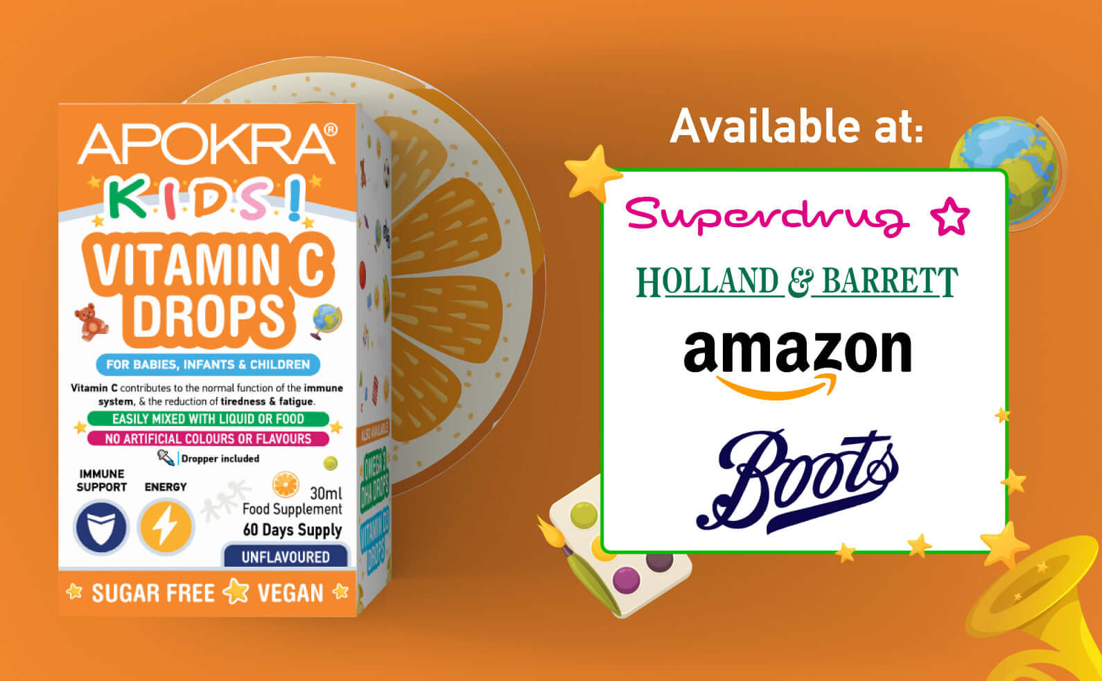 APOKRA Vitamin C Drops available at Boots, Superdrug, Amazon and Holland & Barrett
