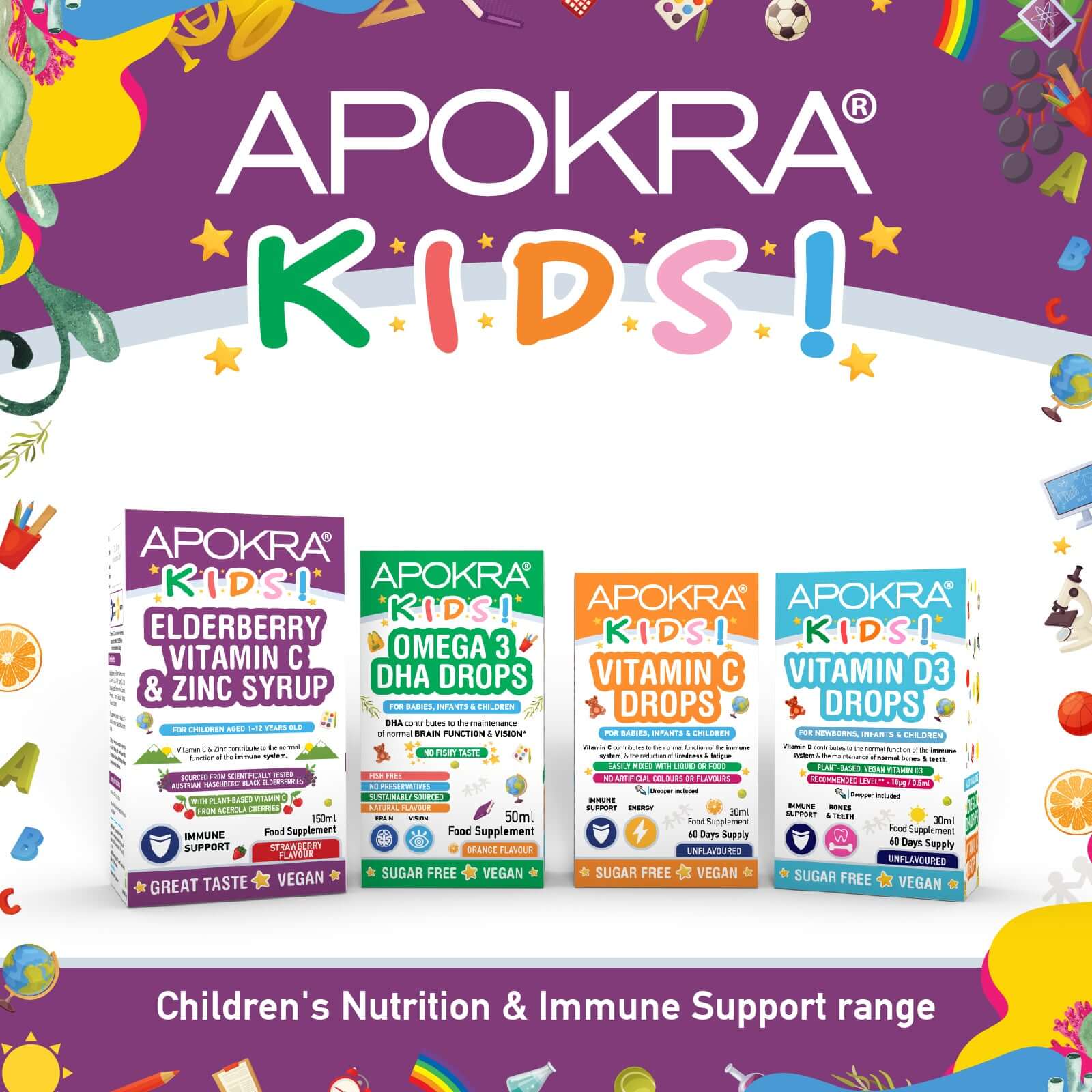 APOKRA Kids range with elderberry syrup, vitamin C, vitamin D3 & DHA Drops