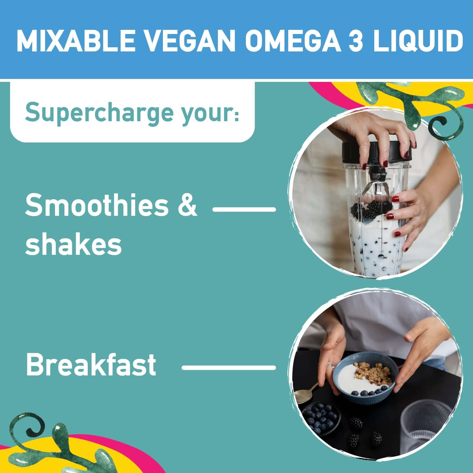 Convenient algae omega 3 oil liquid that can be mixed with food or mixed into a smoothie