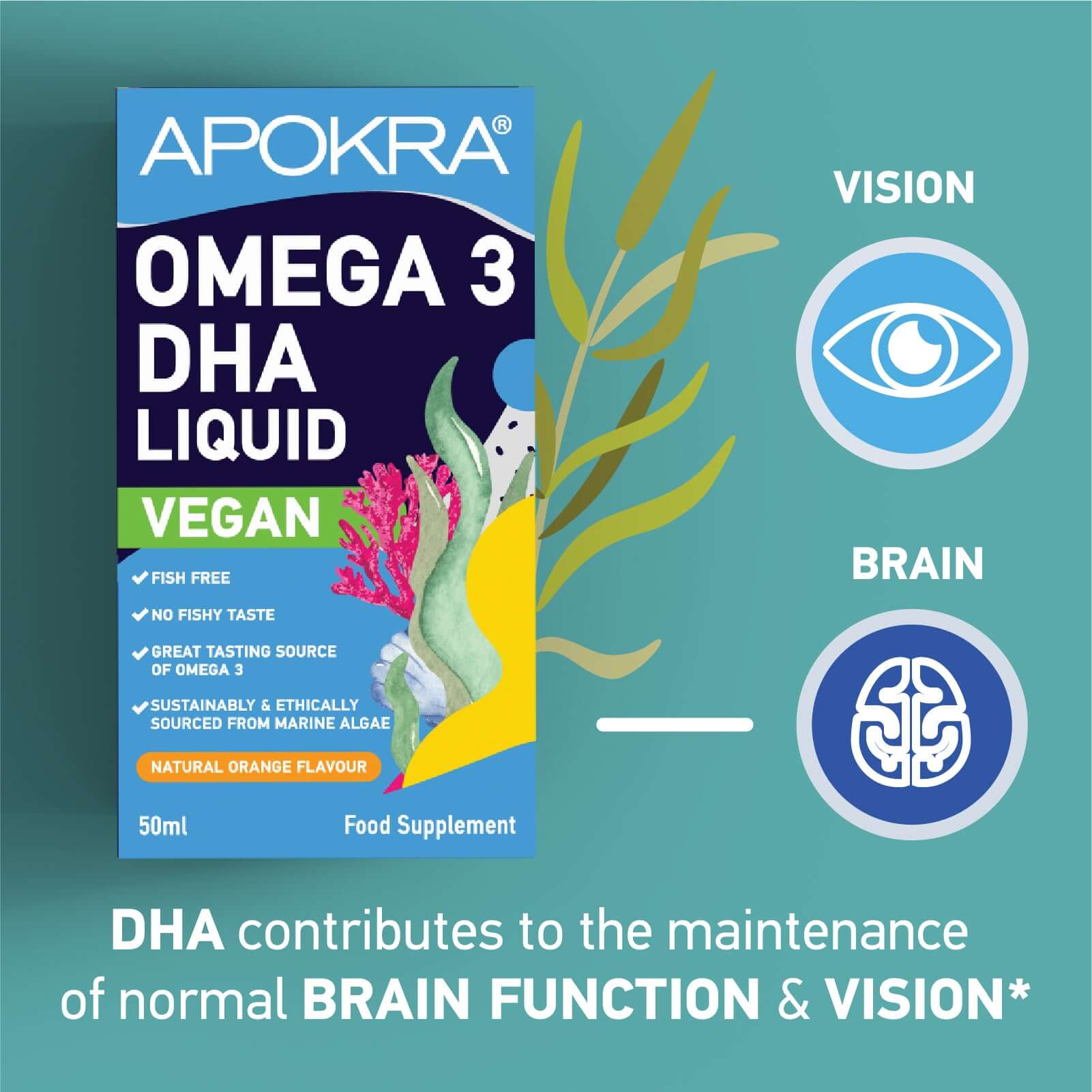 APOKRA algae omega 3 support brain function & vision