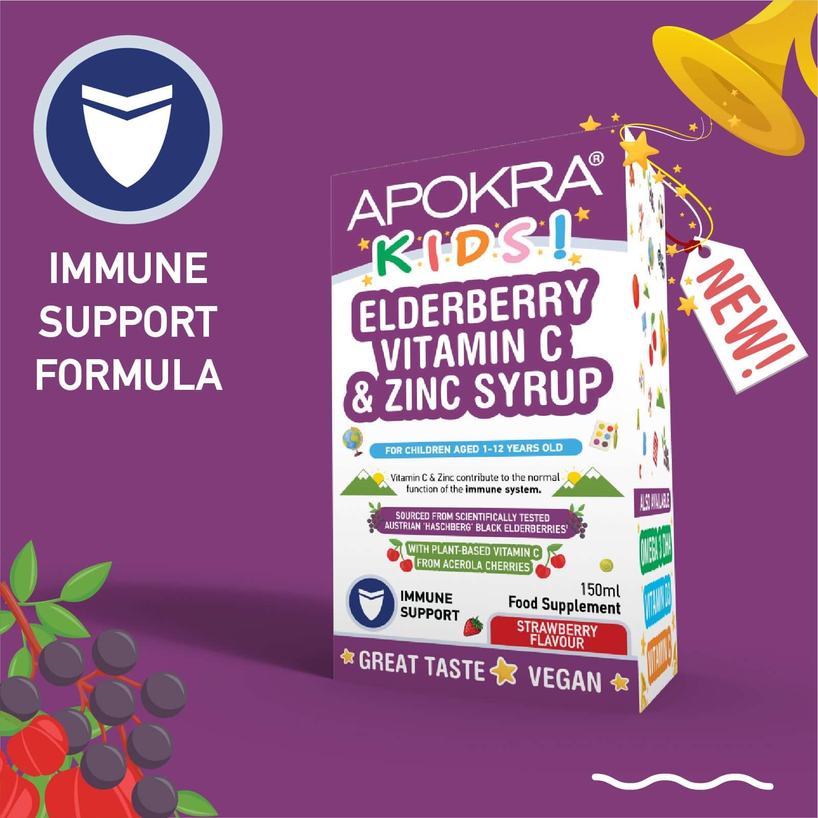 APOKRA Kids Vegan Elderberry Syrup with vitamin C & Zinc for added immune support