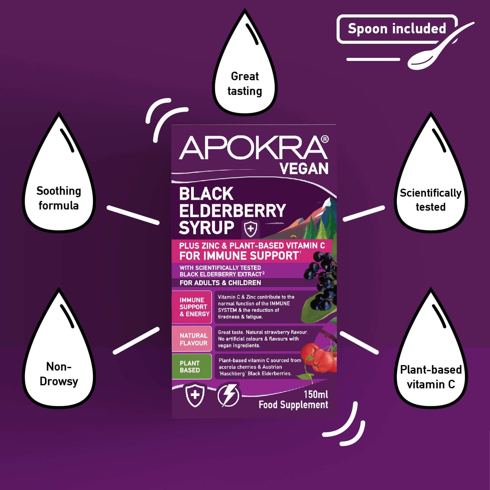 Benefits of APOKRA Elderberry syrup with plant based vitamin C from acerola cherries & Zinc